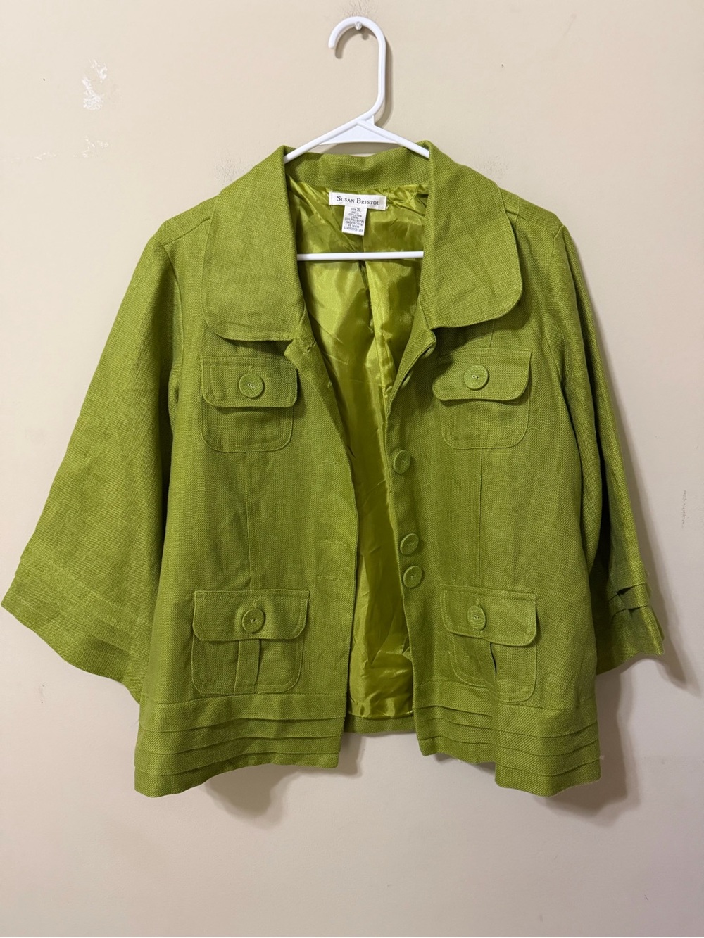 Susan Bristol linen XL Chartreuse Boxy Button-Front Jacket springy festival euc